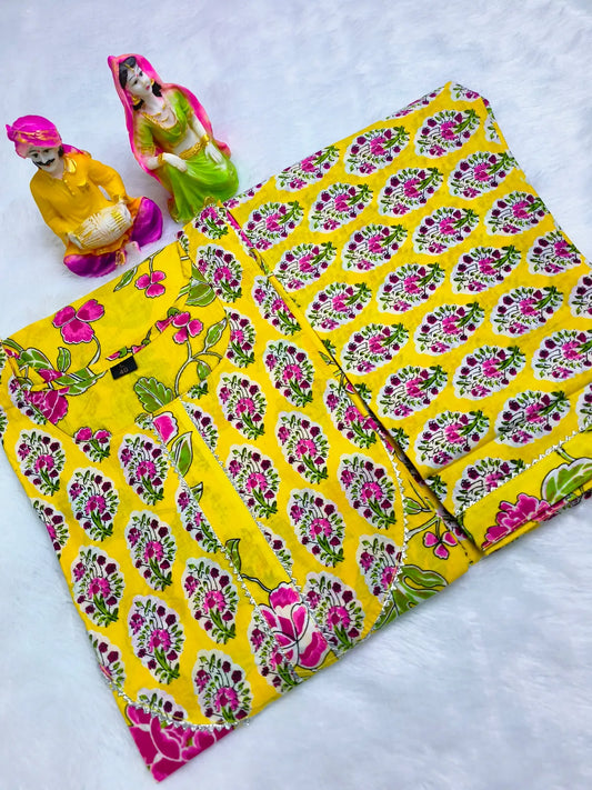 Women Yellow Cotton Printed Kurta Pant- Set